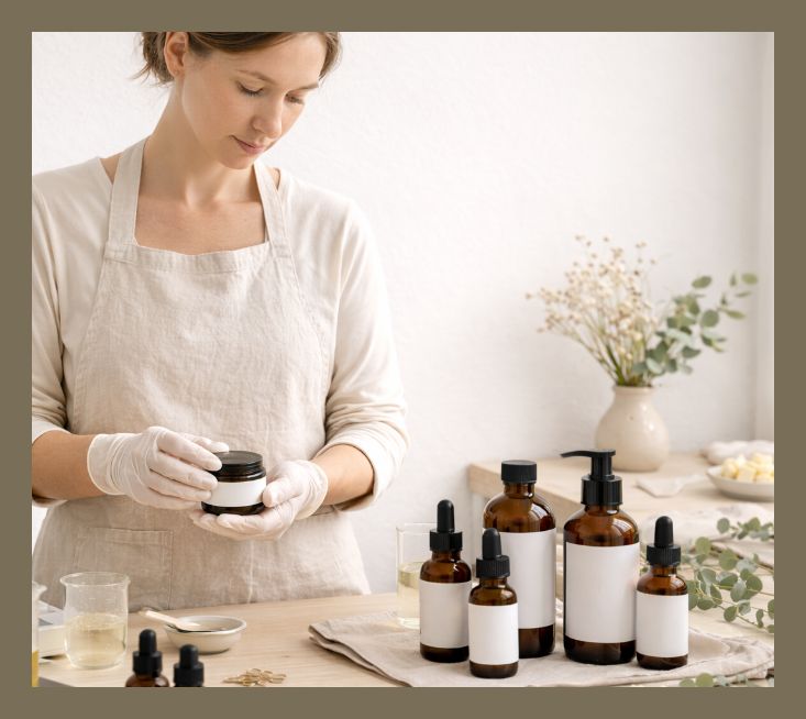 Malovýroba kosmetiky – žena připravuje kosmetický přípravek u pracovního stolu